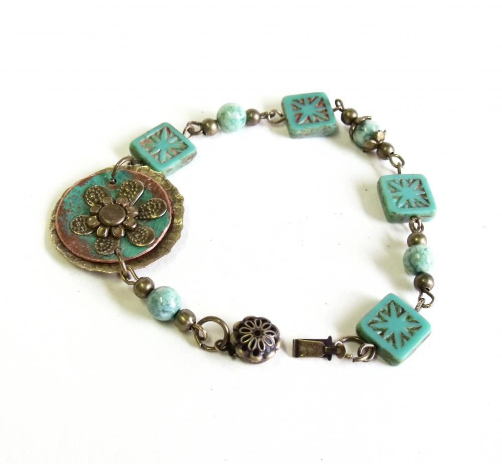 Mint Green Picasso Czech Glass Beaded Bracelet With Mint Green Fossil Beads